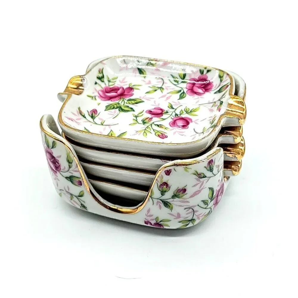 Vintage Lefton Rose Chintz Hand-Painted Floral Porcelain Nested Set